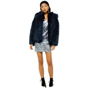 Topshop Faux Fur Crop Jacket Sz US 4‎ Blue Black